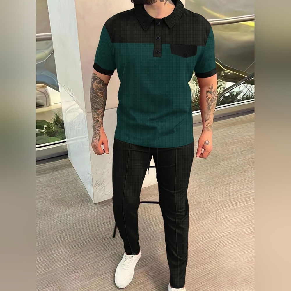 Men‘s Full Size Waffle-Knit Contrast Top and Pants Set Plus Size